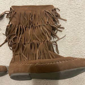 Brown fringe boots , suede , size 10